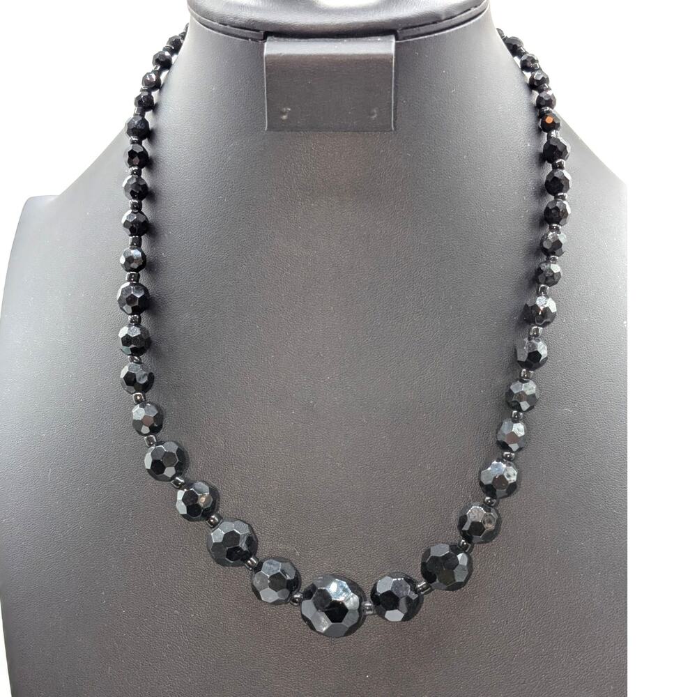 Vintage Black Faceted Glass Bead Graduated 19"-21.5" Necklace